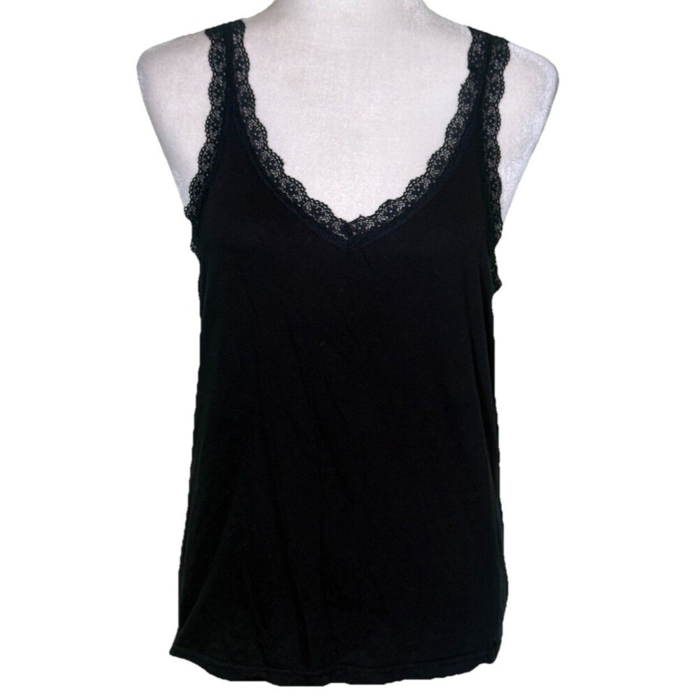 Yam & Sea Women’s Y2K Layering Minimalist Romantic Black Lace‎ Trim Cami Sz Med
